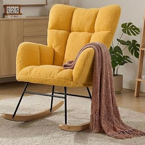 Nursery Rocking Chair, Teddy Upholstered Glider Chair with Thick Cushion, Tufted Gliding Rocker Chair with Wood Leg, Cozy Rocking Armchair, Accent Rocking Chair for Living Room (Yellow)