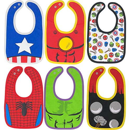 Marvel Avengers Baby Boys' Bibs 6 Pack Spiderman Hulk Thor Iron Man Captain America