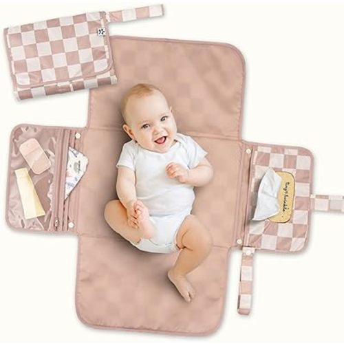 Tiny Twinkle Portable Diaper Changing Pad | Waterproof, Wipeable & Compact Baby Changing Pad for Travel | Smart Wipes Pocket & Organized Storage| Newborn Shower Gift (Beige Checkers)