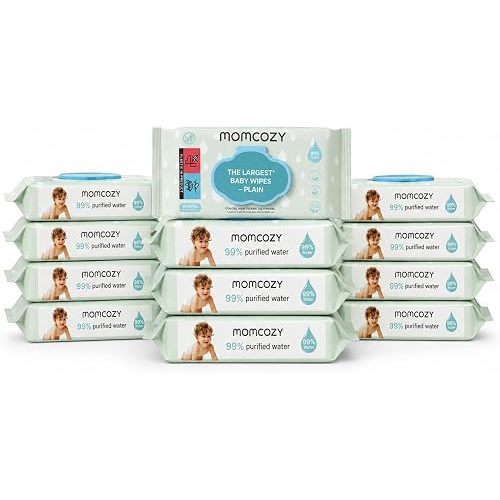 Momcozy PLAIN Baby Wipes Unscented, Minimal Ingredient Formula, 12 Packs