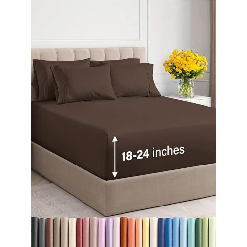 Extra Deep King Sheet Set - 6 Piece Breathable & Cooling Sheets - Hotel Luxury Bedding Set w/18-24 Inch Extra Deep Pockets - Easy & Secure Fit - Super Soft, Wrinkle Free and Comfy - Brown, King Size