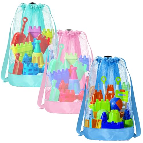 Vodolo Beach Toy Bag,3pcs Mesh Travel Sand Toys Backpack for Sandbox Buckets,Beach Vacation Essentials for Kids,Shell Collecting Bag Shelling Tools,Beach Must Haves Sand Box Toys Seashell Bags