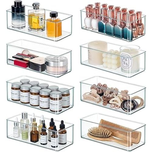 Qilinba 8 PACK Drawer Organizer Bins Bathroom Deep Drawer Organizer Tray for Cutlery Vanity Make-up, Clear Stackable Storage Bins for Kitchen Cabinet Closet Counter Organization and Storage