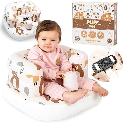 Inflatable Chair for Baby with Safety Harness, Built-in Pump & Non-Slip Base – Infant Sit Up Seat for 3-36 Months, Portable Blow Up Baby Chair for Travel, Easy to Clean