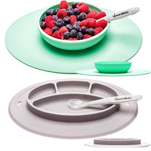 UpwardBaby Suction Toddler Plates and Bowls Set for Babies Silicone Non Slip Baby Feeding Set Kids Placemats with Spoons Included - BPA Free