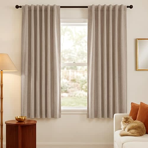 NICETOWN Scratch-Proof 100% Blackout Curtains 63 inches Long, High-Density Linen Blend Window Treatments Rod Pocket & Back Tab Thermal Drapes for Bedroom, Sand, W52 x L63, 2 Panels