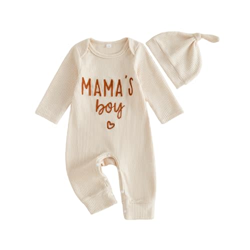 Newborn Baby Boy Fall Outfit Mamas Boy Romper Long Sleeve Jumpsuit Bodysuit | Infant Winter Clothes Letter Embroidery 0 3 6 9 Months One Piece Clothes Baby Coming Home Outfit