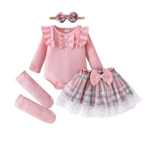FOCUTEBB Baby Girl Clothes Newborn Fall Winter Outfit Ruffled Long Sleeve Romper Lace Dress Headband Skirt Set 0-18 Months