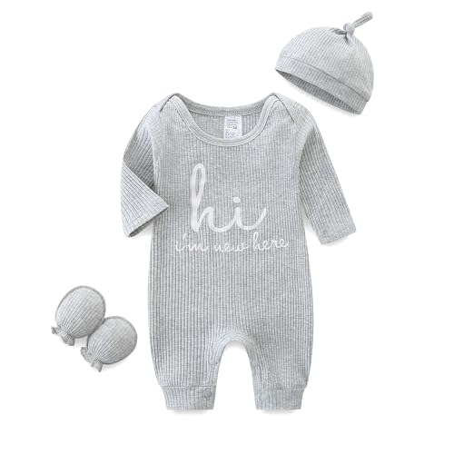 Babymine Unisex Baby Clothes Newborn Onesie Long Sleeve Ribbed Romper with Hat and Gloves Infant Letter Print Jumpsuit