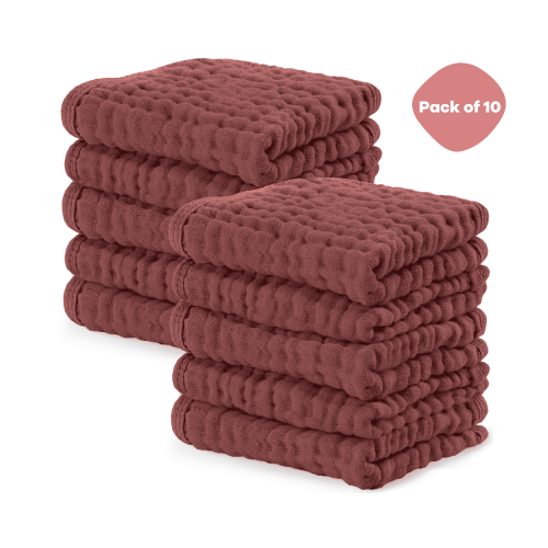 Comfy Cubs Baby Washcloths, Muslin Cotton Baby Towels, Large 10”x10” Wash Cloths (Wine, Pack of 10)