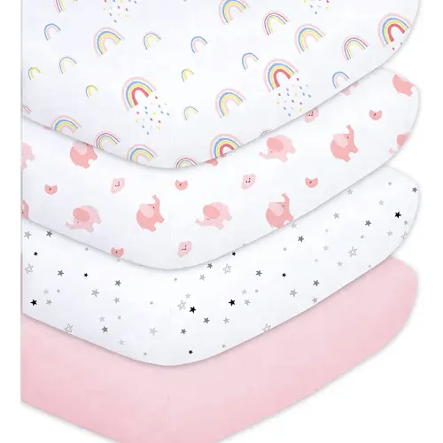 Plushii Crib Sheets for Baby Girls 4 Pack, 28"x 52" Extra Soft Microfiber Crib Sheet Set for Standard Crib & Toddler Mattress Pad, Rainbow & Elephant & Stars & Pink