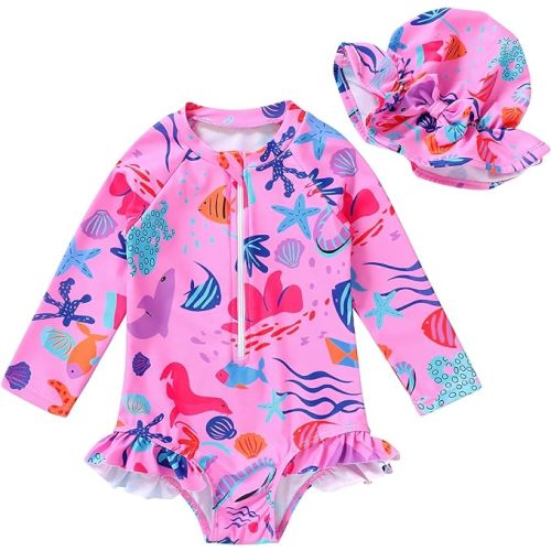 Infant Baby Girl Swimsuit One-Piece Long Sleeve Rash Guard with Hat Set Floral Zipper Bathing Suit Leopard Beach Wear