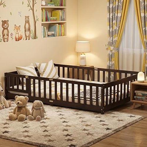 Full Size Floor Bed with Slats and Door,Montessori Floor Bed Frame with High Rails,Full Wood Kids Beds with Fence,No Box Spring Needed,Espresso