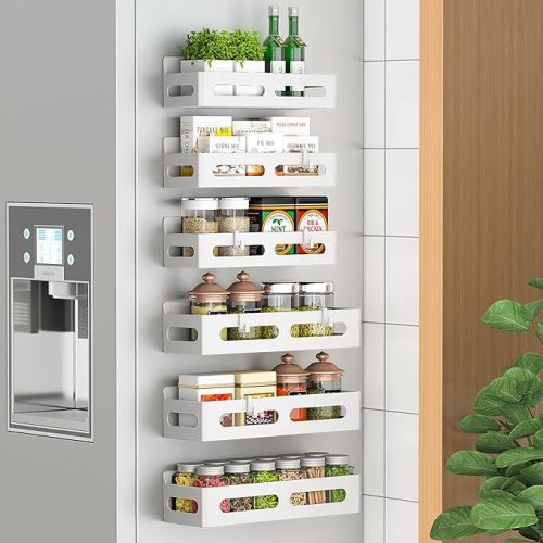 6 Pack Strong Magnetic Spice Rack for Refrigerator, Multipurpose Magnetic Shelf for Fridge with 4 Hooks for kitchen and Bathroom Organization, Black