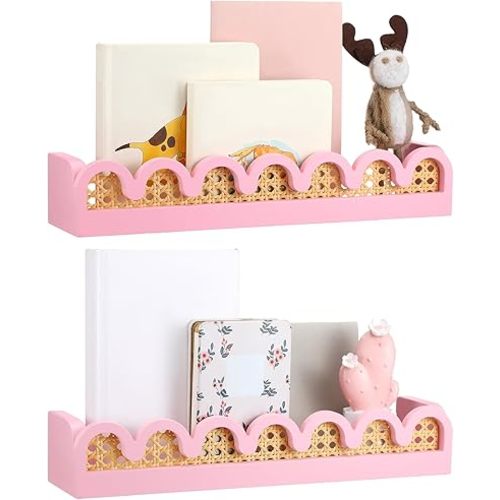 Pinkunn 2 Pcs Scalloped Rattan Wall Shelf Wood 15.75 Inch Boho Scalloped Floating Book Shelves Cute Decorative Wall Mounted Floating Shelves for Nursery Room (Pink)