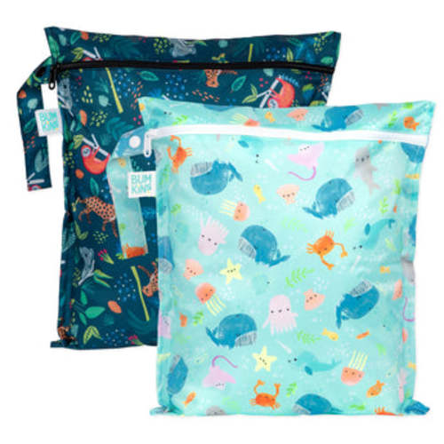 Bumkins Wet Bag 2 Pack: Ocean Life and Jungle Prints | Waterproof