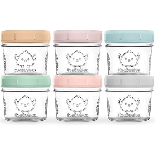 KeaBabies 6pk 4oz Glass Baby Food Containers with Lids - Leak-Proof, Microwavable Small Glass Jars, Baby Purees & Toddler Snack Storage Containers, BPA-Free, Dishwasher & Freezer Safe (Musk Dusk)