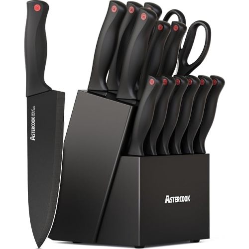 Astercook Knife Set for Kitchen with Block and Sharpener 15pcs German