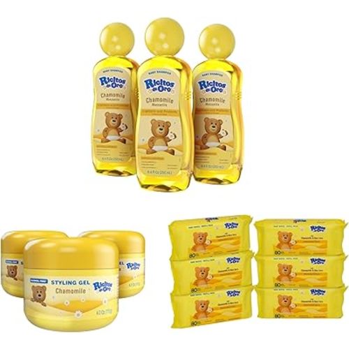 Ricitos de Oro Gentle Chamomile Bundle for Babies: 3-Pack Shampoo + 3-Pack Hair Gel + 6-Pack Wipes (480ct) Tear-Free Shampoo, Non-Greasy Gel, Aloe-Infused Wipes Paraben-Free Daily Care