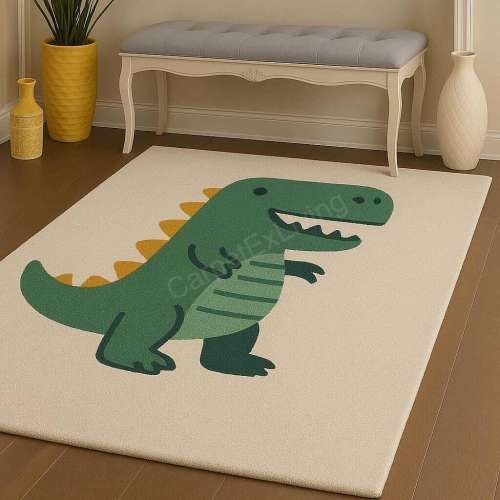 Hand Tufted Wool Rug: Green Dinosaur Design - Nursery & Playroom