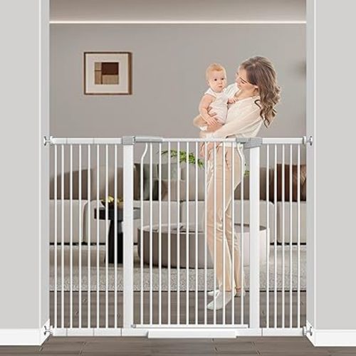 40.5"-54.7" Baby Gates for Doorways, 40.5" Tall Dog Gate Indoor, Walk Through Pet Gates No Drilling Auto Close Pressure Mounted Safety Child Toddler Gate, White