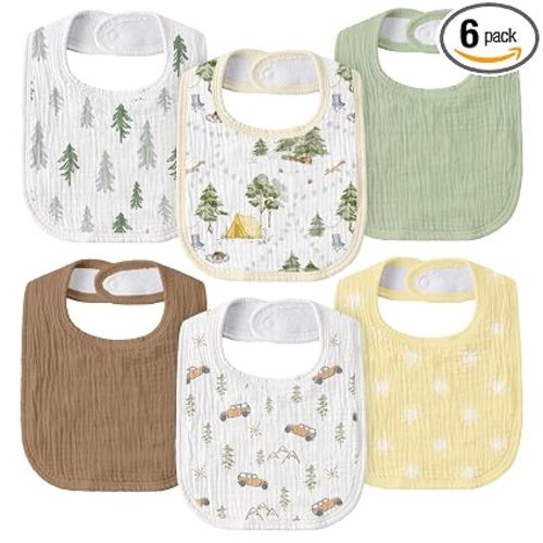 GLLQUEN BABY Muslin Drool Bibs for Boys Girls 6 Pack, Adjustable Baby Bibs for Drooling and Teething, Soft Cotton Baby Bandana Bib for Newborn Feeding Essentials (Cross-country Adventure)
