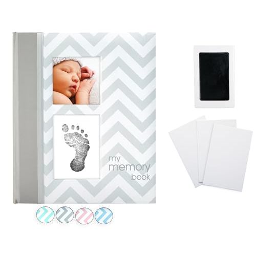 Pearhead First 5 Years Chevron Baby Memory Book, Clean-Touch Baby Safe Ink Pad for Baby’s Handprint or Baby’s Footprint, Gender Neutral Baby Milestone And Pregnancy Book, Gray