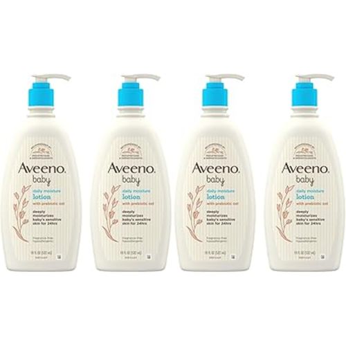 Aveeno Baby Daily Moisture Body Lotion for Sensitive Skin, Hypoallergenic Moisturizing Baby Lotion with Nourishing Oat to Deeply Moisturize Baby's Skin, Fragrance-Free, 18 fl. oz, 4 Pack