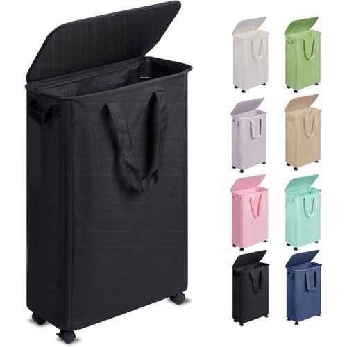 Slim Laundry Hamper with Lid and Wheels, Small Rolling Laundry Basket with Handle for Small Spaces, Tall Dirty Clothes Hampers for Dorm, Bathroom and Bedroom, 55L, Black