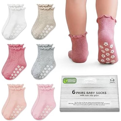 Mother's Choice Organic Cotton Ruffle Baby Socks 6 Pairs Non Slip Socks For 6M To 5Y Toddlers With Soft Fabric For Daily Use