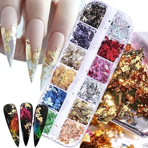 Holographic Nail Glitter Foils, 12 Colors Sparkly Ultra-Thin Aluminum Foil Nail Art Flakes Design, Laser Nail Sequins Acrylic Supplies for Women Girls Manicure Charms Decorations, DIY 3D Nail Art Tips