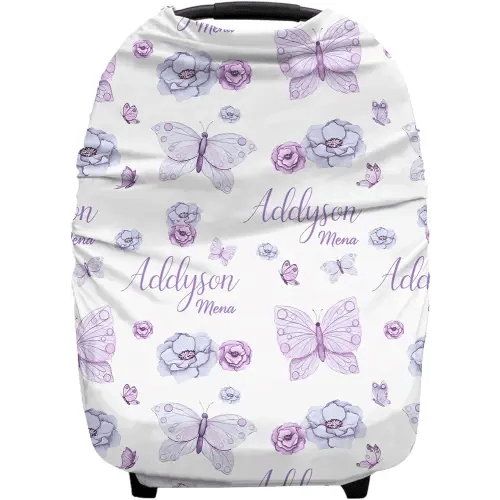 Personalized Baby Car Seat Cover for Girls, Custom Purple Butterfly Nursing Covers for Breastfeeding with Name, Infant Stroller Cover, Baby Carseat Canopy for Newborn, Multiuse Car Seat Canopies