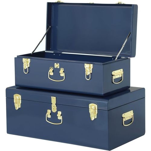 Vixdonos Decorative Large Metal Box Storage Trunk Chest Set of 2 College Dorm Organizer with Hardware Hasps and Handle for Home Deocr,23.7X14.2X9.5 Inches,Dark Blue