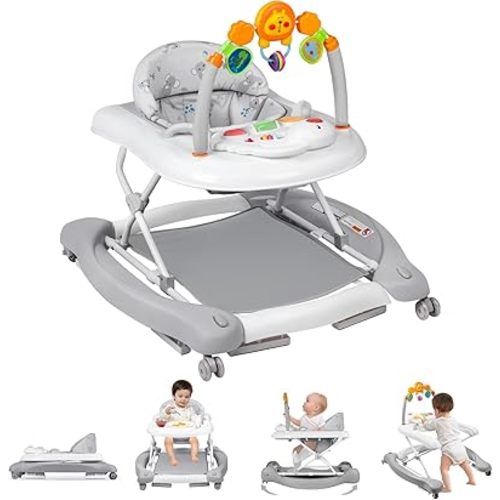 Baby Walker, 5 in 1 Baby Walkers for Boys Girls 6-12 Months, Foldable Walkers for Babies with Bouncer & Feeding Tray, Music, Adjustable Heights, Activity Walker for Infant