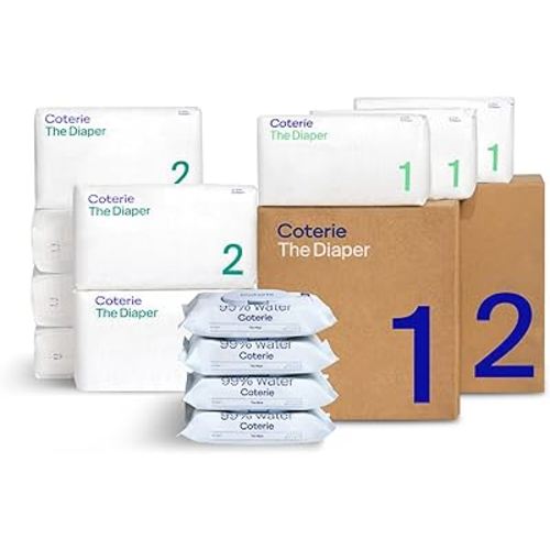 Coterie Baby Wipes + Diapers Kit, Size 1 (99 Count) & Size 2 Diapers (186 Count), 4 Pack (224) Baby Wipes with 99% Water, Plant Based Materials, Hypoallergenic for Sensitive Skin