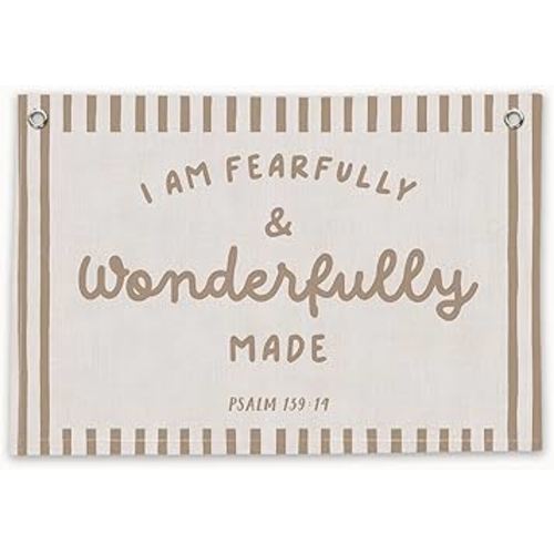 RTXLEZM Christian Nursery Decor, I Am Fearfully and Wonderfully Made Christian Canvas Banner Wall Hanging, Retro Religious Wall Art Prints for Kids Room Bedroom Playroom Nursery Decor, 20x30 Inch