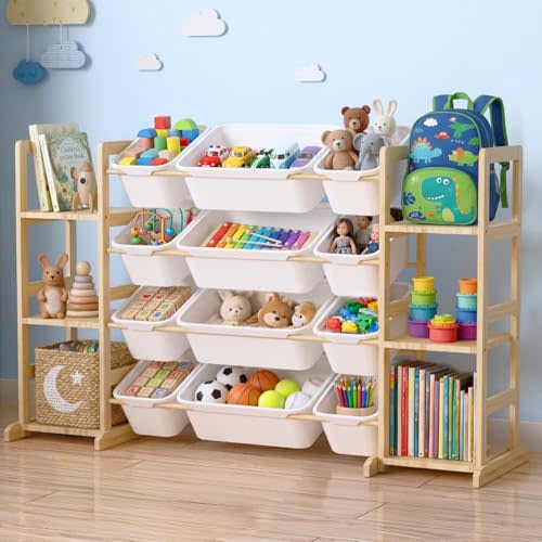 Toy Storage Organizer with Bookshelf for Kids, Large Wooden Shelf with 12 Storage Bins & 6 Shelves, Toy Box Organization for Kids Rooms, Playroom, Nursery and Living Room