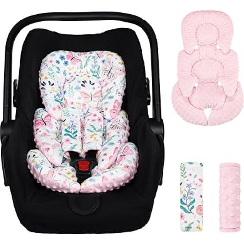 Infant Car Seat Insert Girls, Soft Car Seat Head Support Baby & 2 Strap Pads, Preemie Newborn Carseat Insert Reversible Fits for Stroller, Baby Swing, Rocker, Bassinets, Bouncer, Butterfly