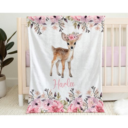 Deer baby blanket, pink flowers pretty woodland baby name blanket, personalized girl floral forest animal gift, outdoor newborn toddler