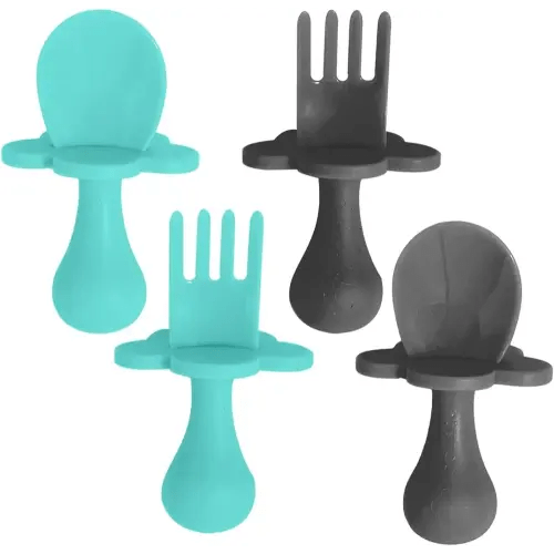 Grabease Baby Spoons Toddler Utensils Toddler Silverware Baby Utensils, BPA-Free & Phthalate-Free for Baby & Toddler, 2 Sets, Teal and Gray