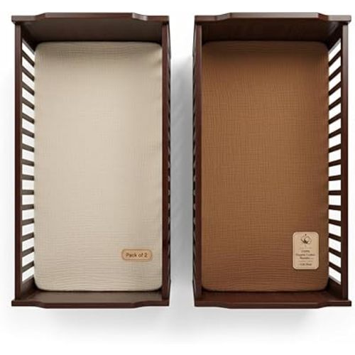 Crib Sheets Neutral Muslin Fabric 52x28x9 Inches 2 Pack Brown & Beige Baby Crib Sheets Fits Rectangular & Oval Crib Mattress, Won’t Slip Off, Long Lasting Baby Crib Bedding for Boys & Girls