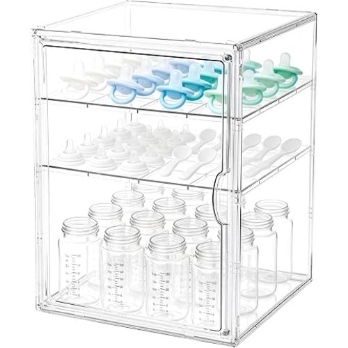 Baby Bottle Organizer, 3 Tiers Acrylic Bottle Storage Organizer Container, Clear Plastic Bottle Station Organizer with 2 Adjustable Dividers for Kitchen Countertop, Bathroom, Cabinet, Vanity