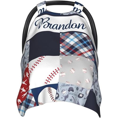 Personalized Baby Car Seat Canopy for Babies, Custom Name Car Seat Covers for Boys and Girls, Opening Minky Nursing Breastfeeding Cover for Infant, Carseat Canopies for Newborn (Baseball Theme)