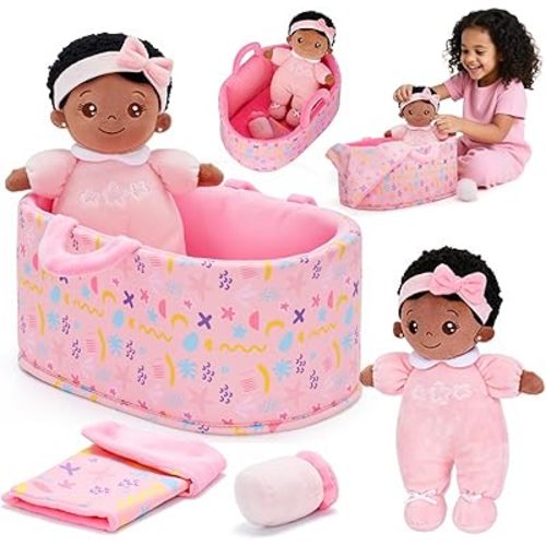 OUOZZZ 10" Black Baby Doll Accessories with Soft Doll, Bassinet, Blanket and Bottle, Toys for 2 Year Olds Girls Birthday Gift, Interactive Pretend Playset for Social Emotional Learning