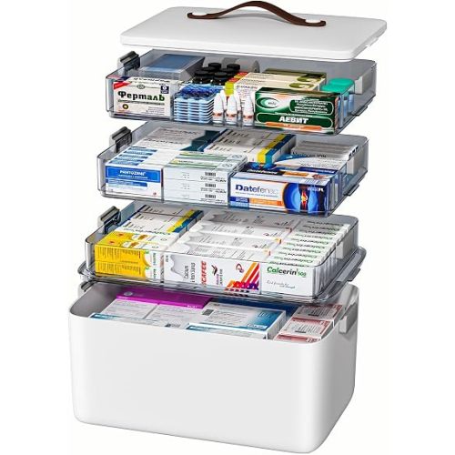 JOYBOS 4-Tier Medicine Organizer Storage Box with Lid and Leather Handle, Portable Latch Bin for Pill Bottle, First Aid, Sewing, Art, Craft