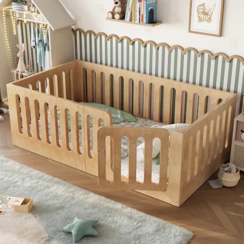 KEIKI Twin Size Wood Montessori Floor Bed Frame with High Fence, Natural | Modern Style Low-Profile Design Floor Bed with Door, for Girls and Boys, Easy Assembly, No Box Spring Required, for Bedroom