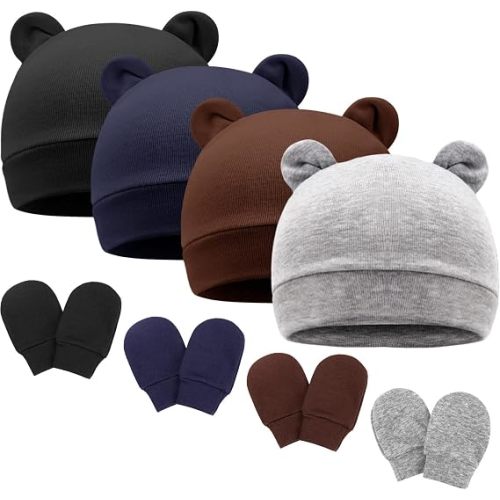 BQUBO Newborn Baby Hats Bear Ears and Mittens Sets Preemie Cotton Caps Baby Boy Girl Infant Hospital Beanie for 0-3 Months