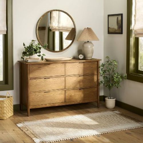 Contemporary Wooden 6-Drawer Horizontal Dresser - Aged Oak - Hearth & Hand™ with Magnolia