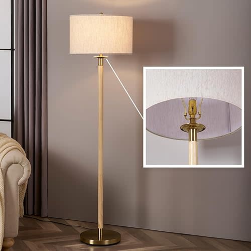 Floor Lamp, Modern Lamps with Dimmer Switch and Bulb, Mid Century Lamp with Linen Shade, Great Living Room Décor, Tall Lamp, Standing Lamp for Bedroom and Office, Natural Wood Finish