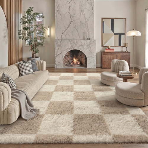 BERTHMEER 5'x7' Washable Shag Area Rugs for Living Room Bedroom Dorm Office Modern Checkered Contemporary Plush Soft Carpets Indoor Fuzzy Fluffy Rugs, Beige